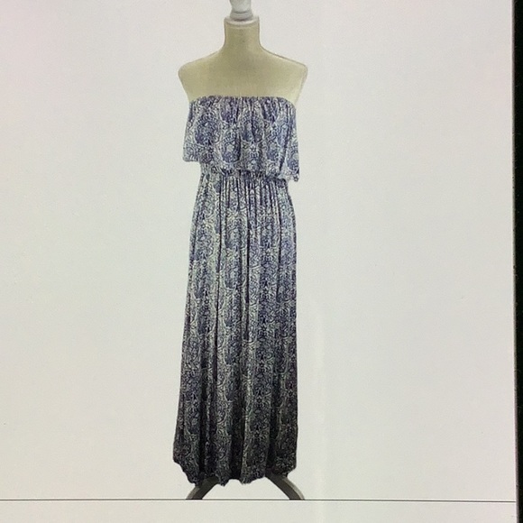 Yidarton Dress Summer Blue White Porcelain Strapless Flowy Maxi Blue Paisley L - Picture 2 of 5